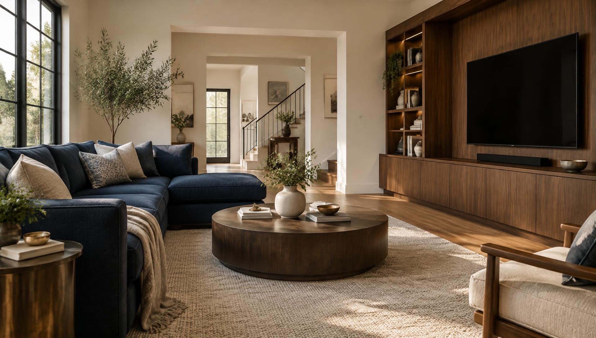 Living room with a navy sectional sofa and walnut TV wall unit